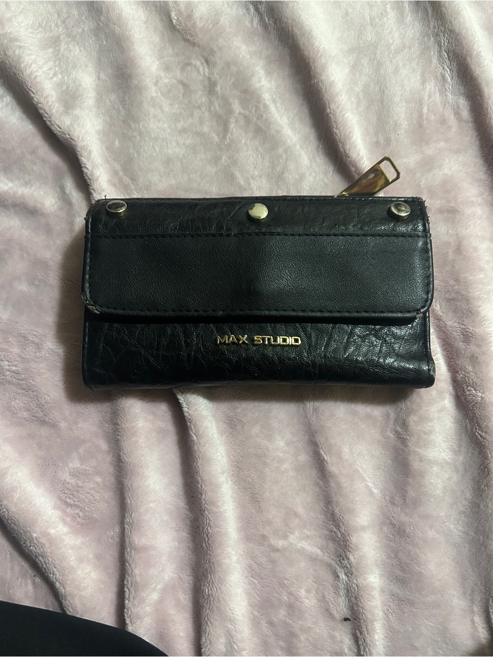 used Max Studio Black Leather Wallet with Gold Logo